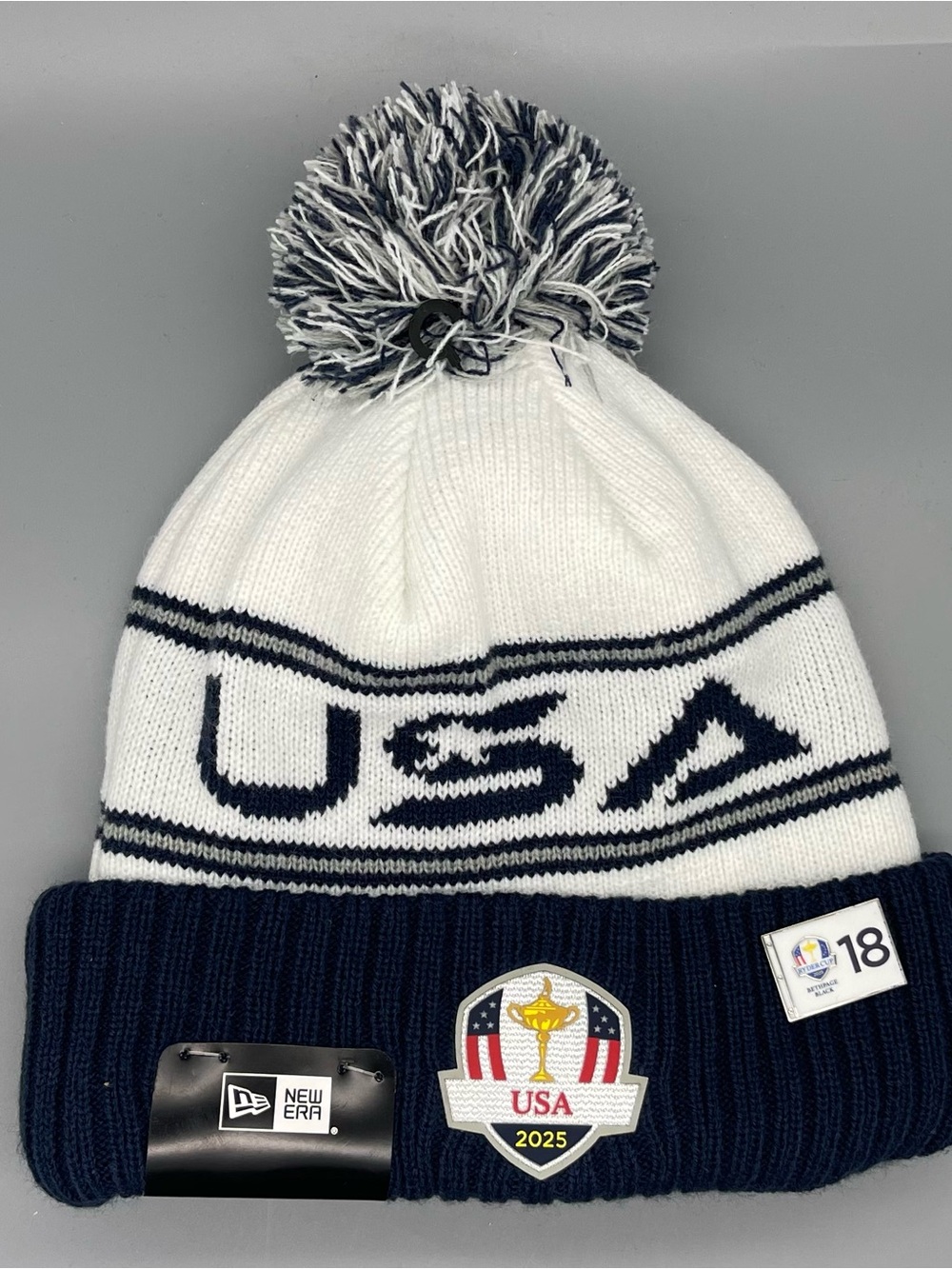 2025 Ryder Cup Team USA Beanie Pom Knit Navy White Hat Bethpage Black Pin NEW